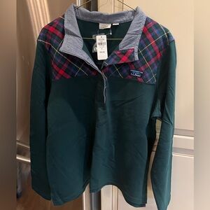 NWT Size XL WOMEN’s L.L. Bean Dark Green Pullover with Red & Navy Plaid Yoke